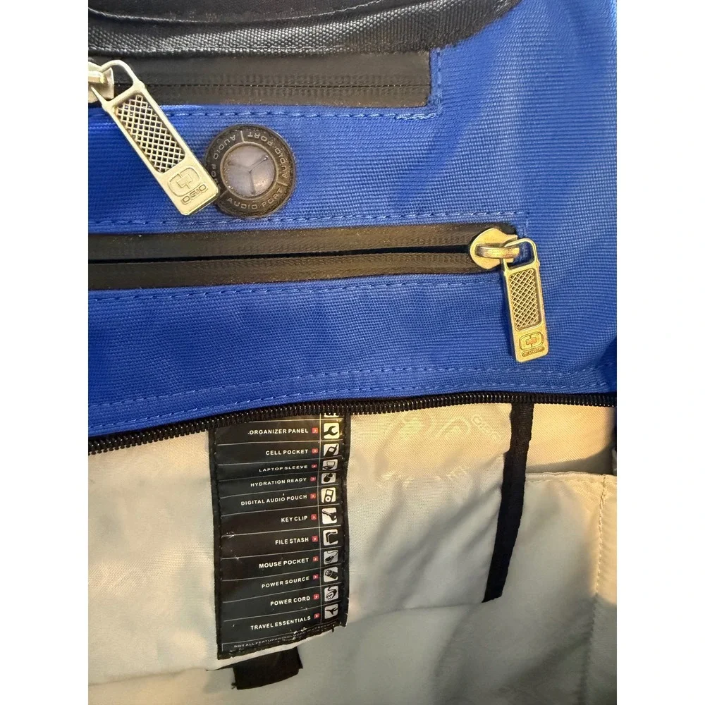 OGIO Blue Black Laptop Backpack Organizer Audio Port Bracco Embroidered Tech Bag